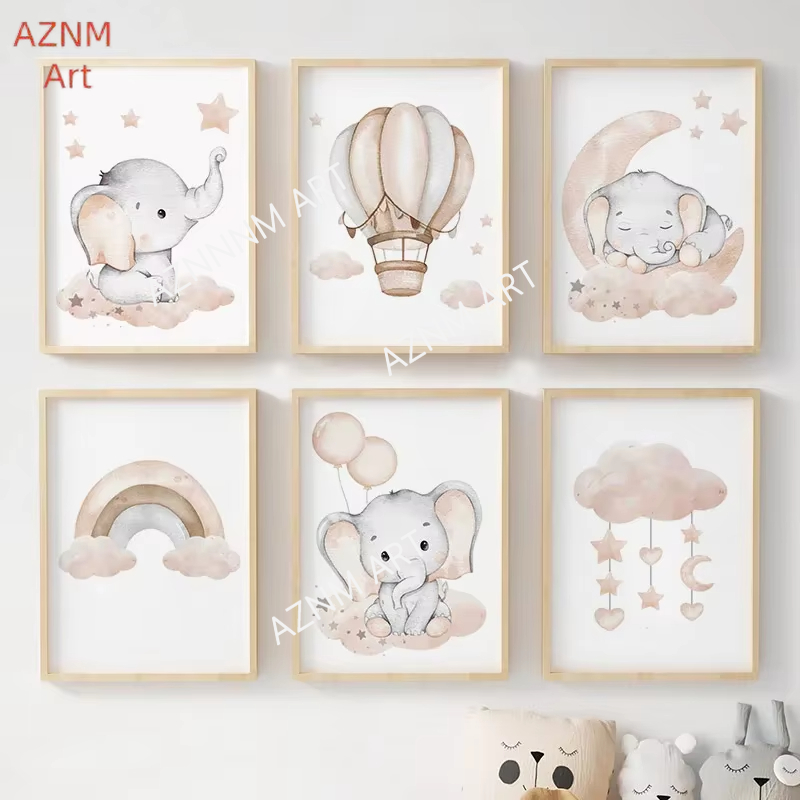 Baby Nursery Pictures - Постеры с изображением слона, воздушного шара,