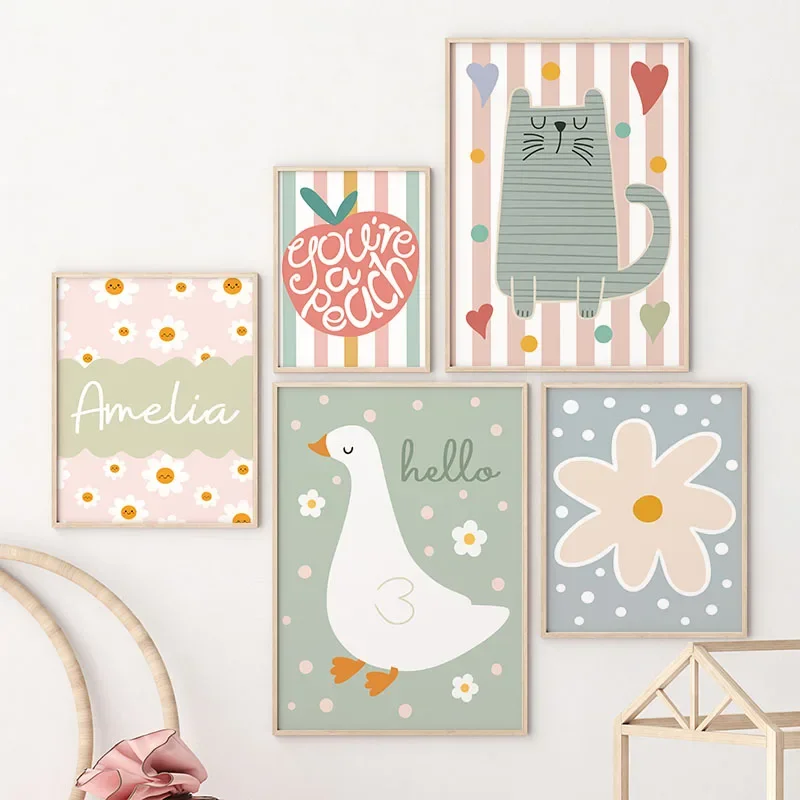 Baby Nursery Pictures - Мультяшный кот, утка, птица, яблоко, имя
