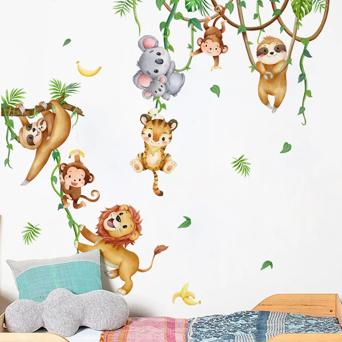 Baby Nursery Wallpaper Girl - Лесные животные, лев, ленивец, обезьяна, ветки,